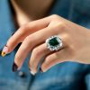 Emerald Cut Halo Engagement Ring - Flower Design - Sterling Silver