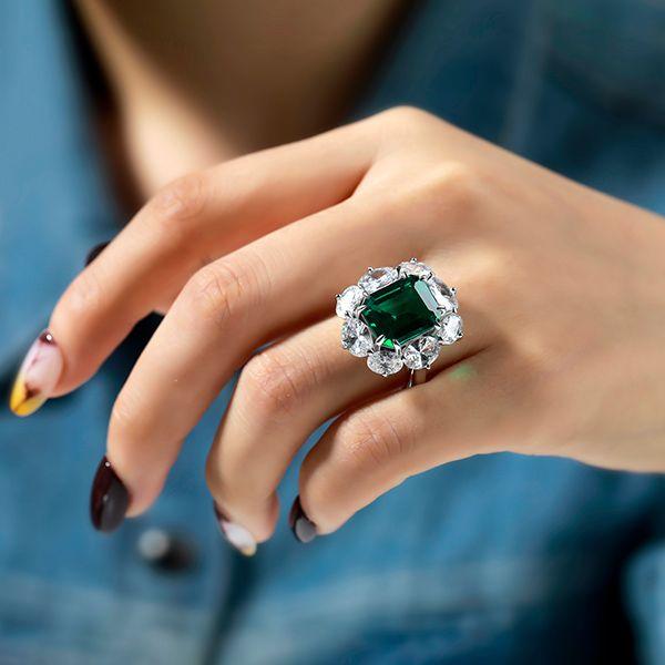 Emerald Cut Halo Engagement Ring - Flower Design - Sterling Silver