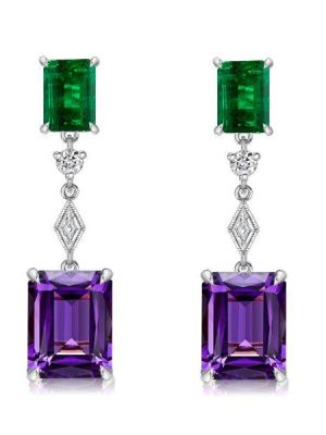 Emerald Cut Amethyst Drop Earrings - 925 Sterling Silver
