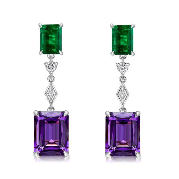 Emerald Cut Amethyst Drop Earrings - 925 Sterling Silver
