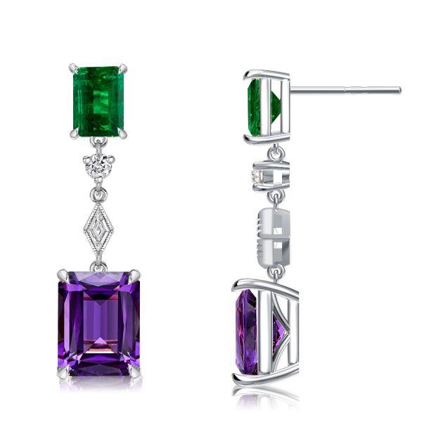 Emerald Cut Amethyst Drop Earrings - 925 Sterling Silver