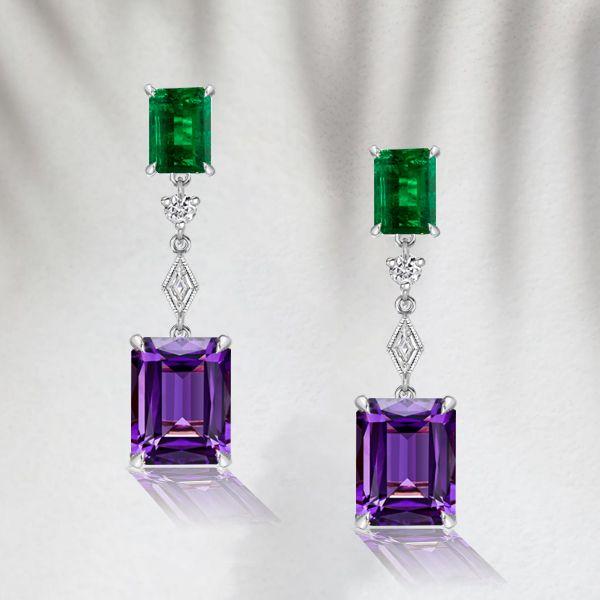 Emerald Cut Amethyst Drop Earrings - 925 Sterling Silver