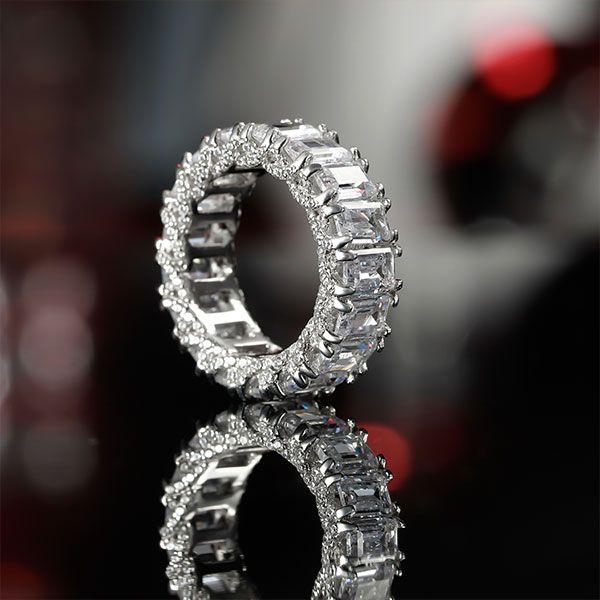 Emerald & White Sapphire Eternity Wedding Band in Sterling Silver
