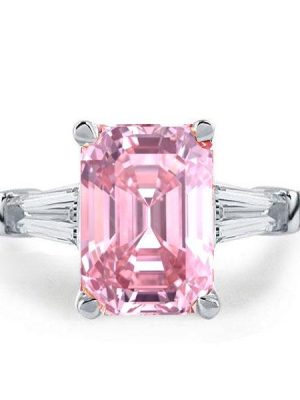 Emerald Cut Pink Three Stone Engagement Ring - 925 Sterling Silver