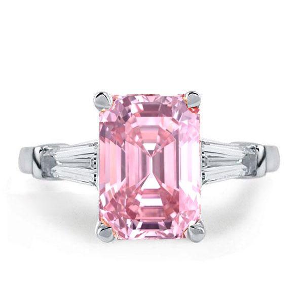 Emerald Cut Pink Three Stone Engagement Ring - 925 Sterling Silver