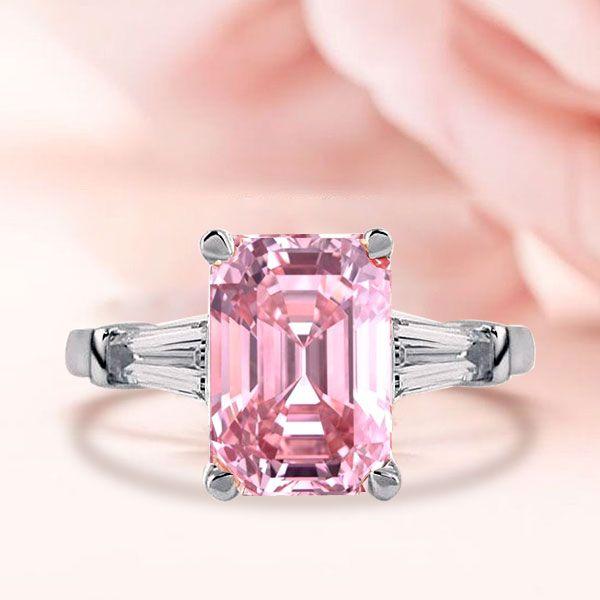 Emerald Cut Pink Three Stone Engagement Ring - 925 Sterling Silver