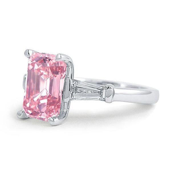 Emerald Cut Pink Three Stone Engagement Ring - 925 Sterling Silver