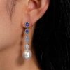 Dangle Earrings with Blue Topaz and Pearl Drops in Rhodium Plated Sterling Silver