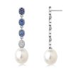 Dangle Earrings with Blue Topaz and Pearl Drops in Rhodium Plated Sterling Silver