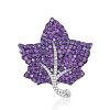 Pave Setting Amethyst Leaf Brooch in Rhodium Plated Sterling Silver