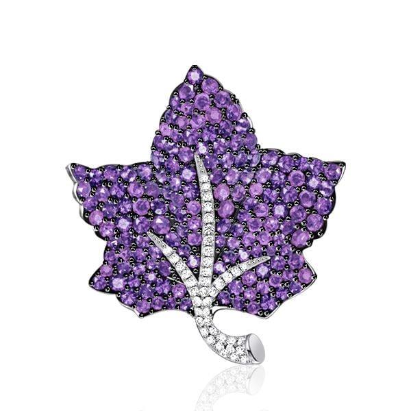 Pave Setting Amethyst Leaf Brooch in Rhodium Plated Sterling Silver