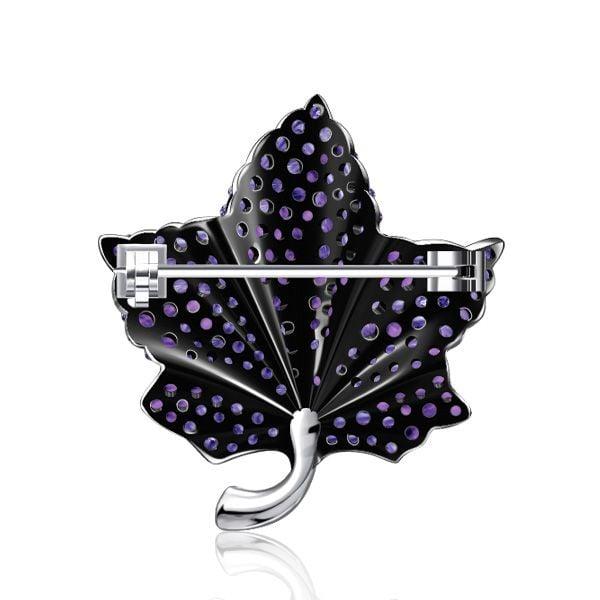 Pave Setting Amethyst Leaf Brooch in Rhodium Plated Sterling Silver
