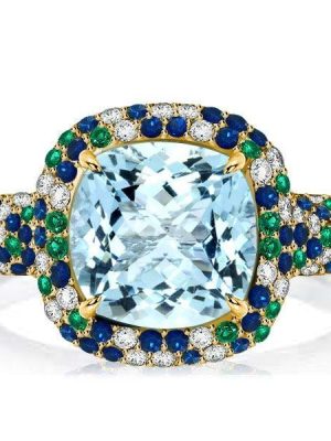 Cushion Cut Aquamarine Wedding Ring with Pave Setting, 18K Gold Plated Sterling Silver