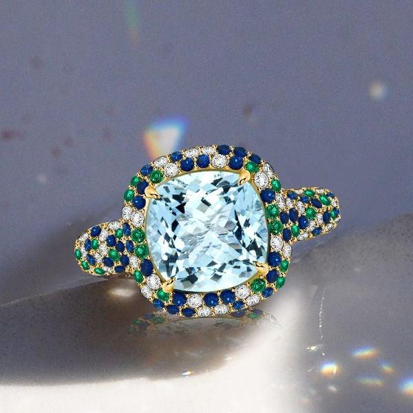 Cushion Cut Aquamarine Wedding Ring with Pave Setting, 18K Gold Plated Sterling Silver