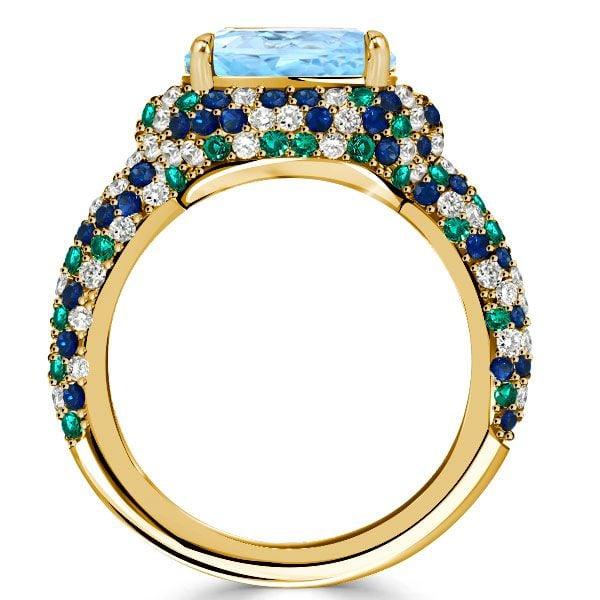 Cushion Cut Aquamarine Wedding Ring with Pave Setting, 18K Gold Plated Sterling Silver