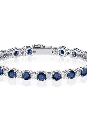 Sterling Silver Round Cut White & Blue Sapphire Tennis Bracelet for Women