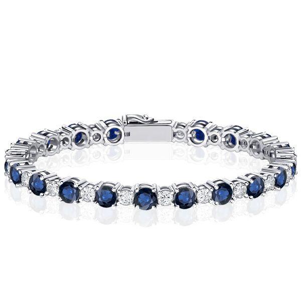 Sterling Silver Round Cut White & Blue Sapphire Tennis Bracelet for Women