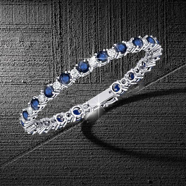 Sterling Silver Round Cut White & Blue Sapphire Tennis Bracelet for Women