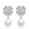 Sterling Silver Pearl 4-Leaf Clover Drop Earrings for Women