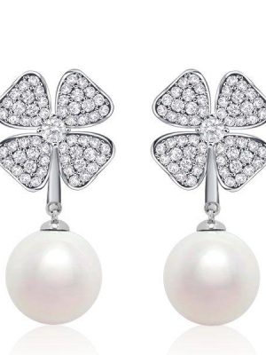 Sterling Silver Pearl 4-Leaf Clover Drop Earrings for Women