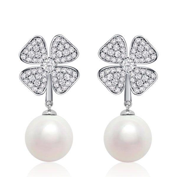 Sterling Silver Pearl 4-Leaf Clover Drop Earrings for Women