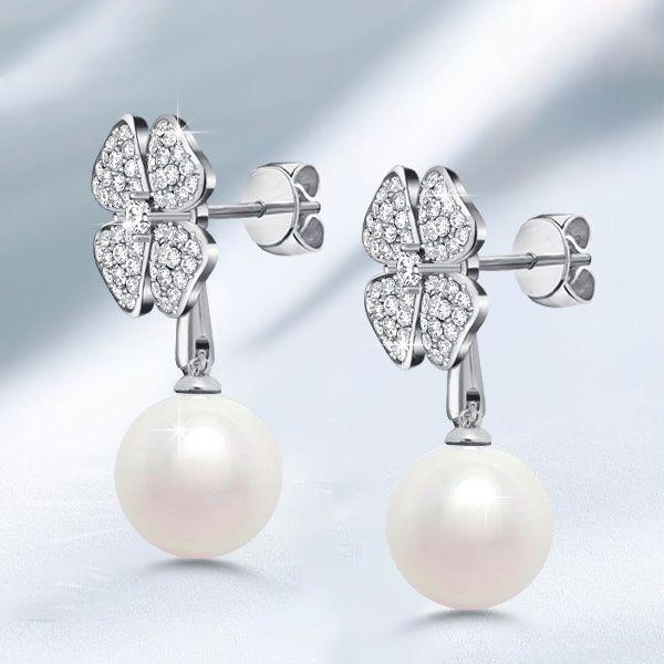 Sterling Silver Pearl 4-Leaf Clover Drop Earrings for Women