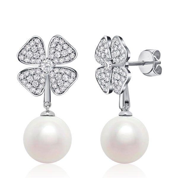Sterling Silver Pearl 4-Leaf Clover Drop Earrings for Women