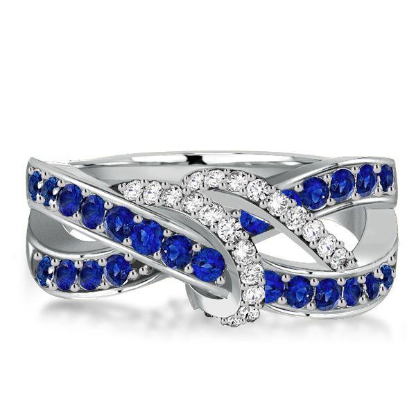 Blue Sapphire Swirl Wedding Band - Sterling Silver Engagement Ring