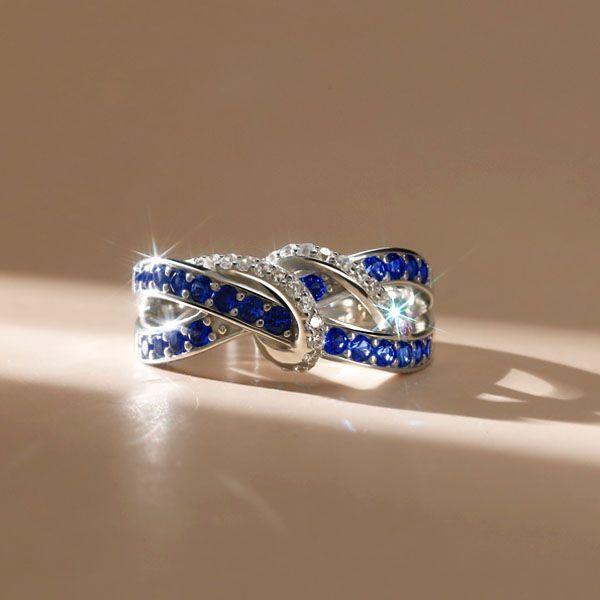 Blue Sapphire Swirl Wedding Band - Sterling Silver Engagement Ring