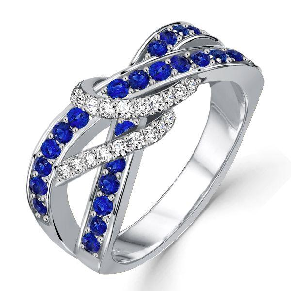 Blue Sapphire Swirl Wedding Band - Sterling Silver Engagement Ring