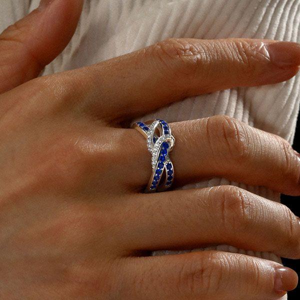 Blue Sapphire Swirl Wedding Band - Sterling Silver Engagement Ring