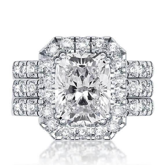 Halo White Sapphire Bridal Set - Sterling Silver Wedding Rings