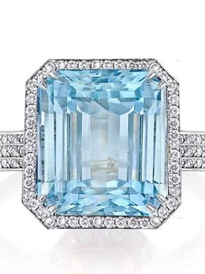 Halo Aquamarine Double Prong Engagement Ring for Women in Sterling Silver