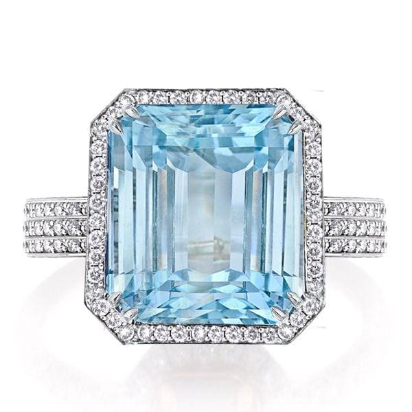 Halo Aquamarine Double Prong Engagement Ring for Women in Sterling Silver