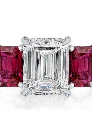 Three Stone White and Ruby Sapphire Engagement Ring in 925 Sterling Silver