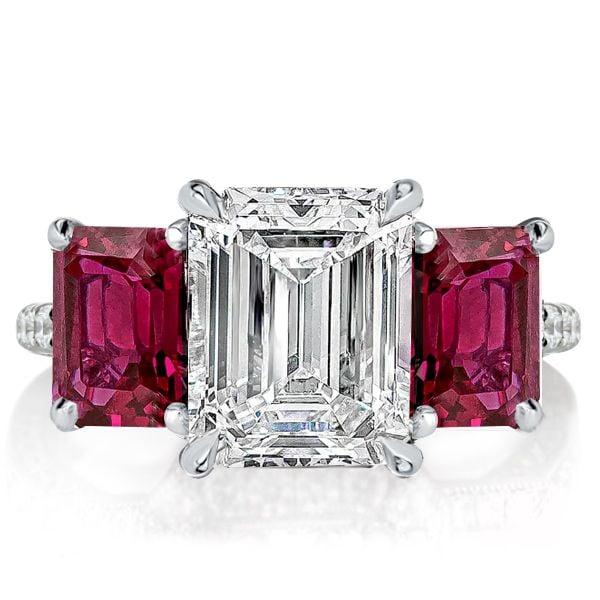 Three Stone White and Ruby Sapphire Engagement Ring in 925 Sterling Silver