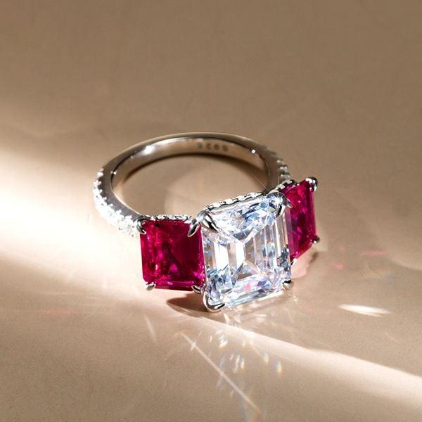 Three Stone White and Ruby Sapphire Engagement Ring in 925 Sterling Silver