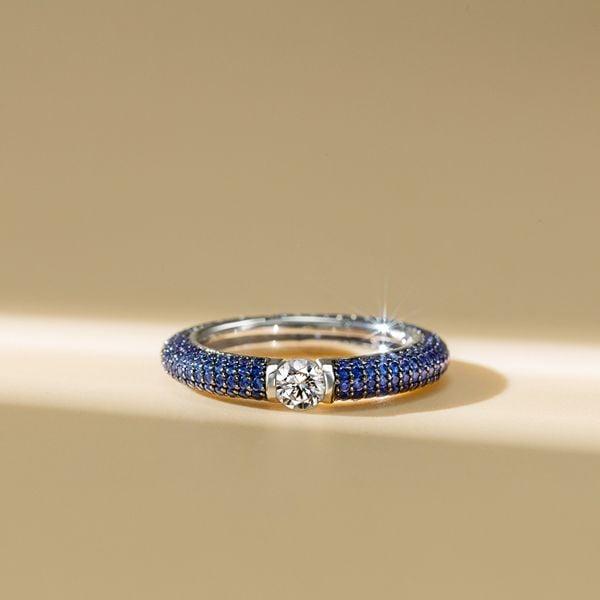 Micro Pave Blue Sapphire Eternity Band Ring in Rhodium-Plated Sterling Silver