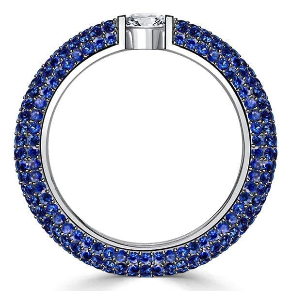 Micro Pave Blue Sapphire Eternity Band Ring in Rhodium-Plated Sterling Silver