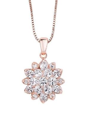 Rose Gold Flower Necklace - Sterling Silver White Sapphire Pendant (17-22 inch Chain)