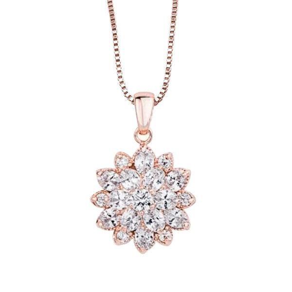 Rose Gold Flower Necklace - Sterling Silver White Sapphire Pendant (17-22 inch Chain)