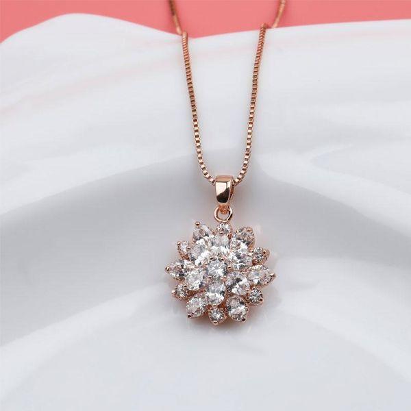 Rose Gold Flower Necklace - Sterling Silver White Sapphire Pendant (17-22 inch Chain)