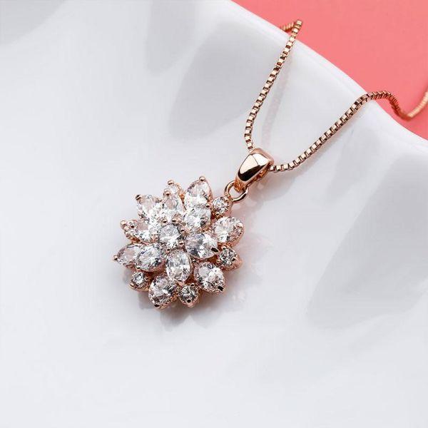 Rose Gold Flower Necklace - Sterling Silver White Sapphire Pendant (17-22 inch Chain)