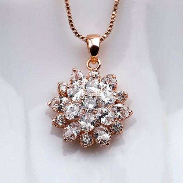 Rose Gold Flower Necklace - Sterling Silver White Sapphire Pendant (17-22 inch Chain)