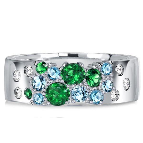 Sterling Silver Emerald and Aquamarine Wedding Band Ring with Sapphire Accents