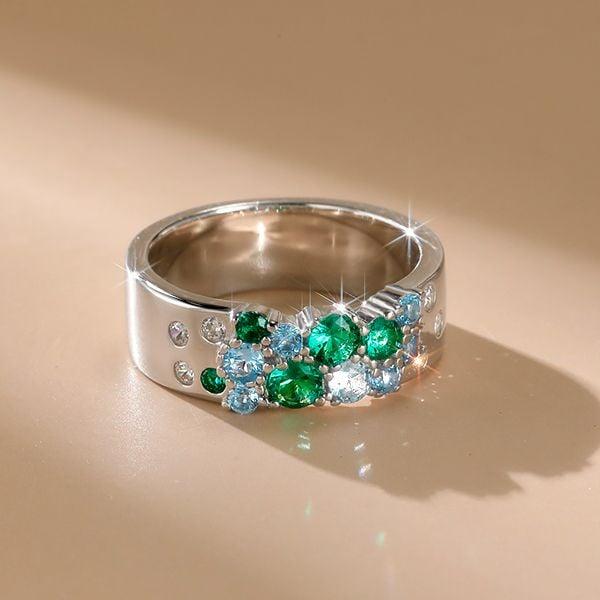 Sterling Silver Emerald and Aquamarine Wedding Band Ring with Sapphire Accents