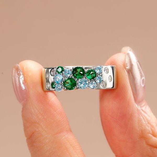 Sterling Silver Emerald and Aquamarine Wedding Band Ring with Sapphire Accents