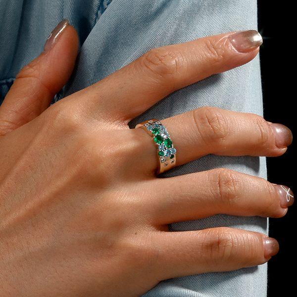Sterling Silver Emerald and Aquamarine Wedding Band Ring with Sapphire Accents