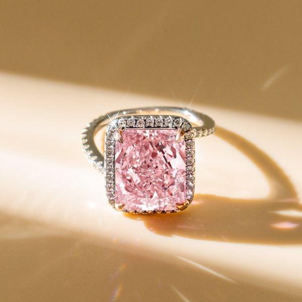Halo Created Pink Sapphire Engagement Ring in Sterling Silver with Rose Gold Plating