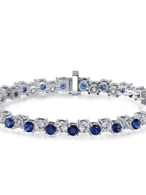Sterling Silver White and Blue Sapphire Offset Link Bracelet for Weddings